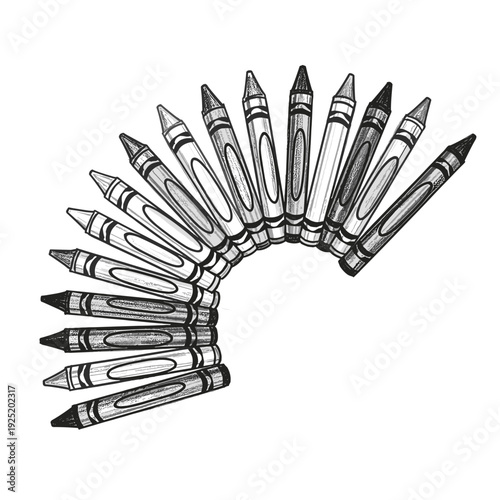 A fan of crayons arranged in a semicircle, rendered in a sketch art style
