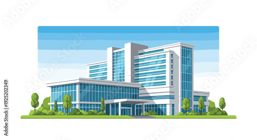 Large modern hospital building featuring multiple sections, expansive glass windows, and lush green landscaping against a blue sky.