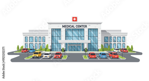 Front view of a Medical Center building with a prominent red cross logo and a parking lot full of diverse cars.