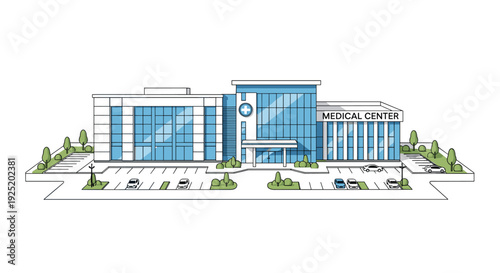 Line art drawing of a modern medical center building with glass facades, surrounding parking lots, and green landscaping.