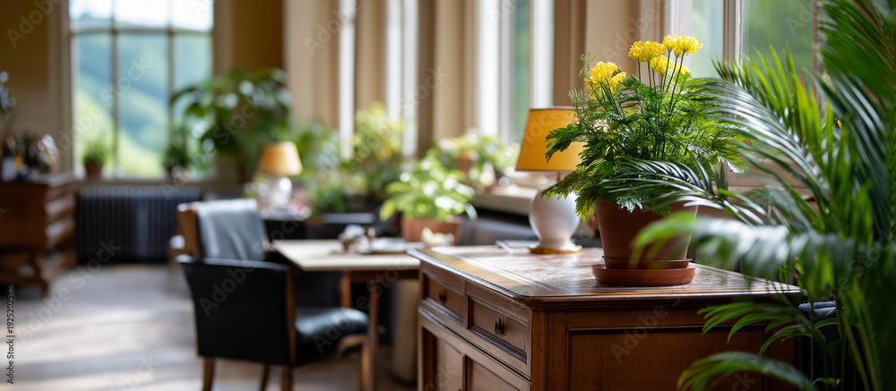 Fototapeta premium Vintage inspired sunroom adorned with antique furniture and vibrant potted plants sunlight streaming through expansive windows warm inviting atmosphere classic interior