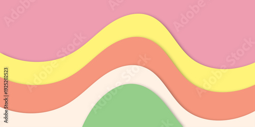 Bold pastel waves in pink, sunny yellow, and soft coral flowing over a muted green base, 3D paper cut style with gentle shadows and playful modern design.