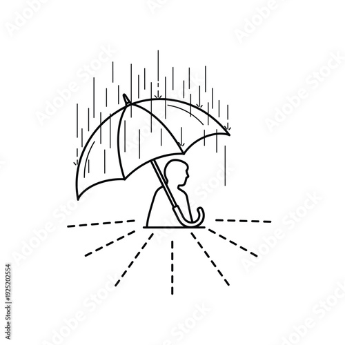 Person holding an umbrella in the rain, simple line art illustration