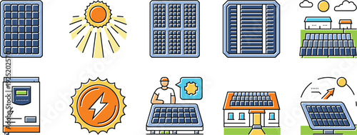 Diverse collection of 10 flat-line icons depicting solar power systems, including grid inverters, residential rooftop panels, solar farms, and technician maintenance services.