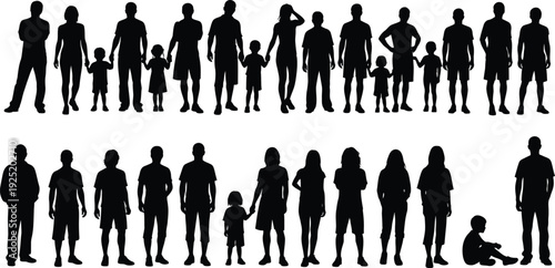 Black silhouettes of a diverse group of people including adults and children in two rows Vector, illustration