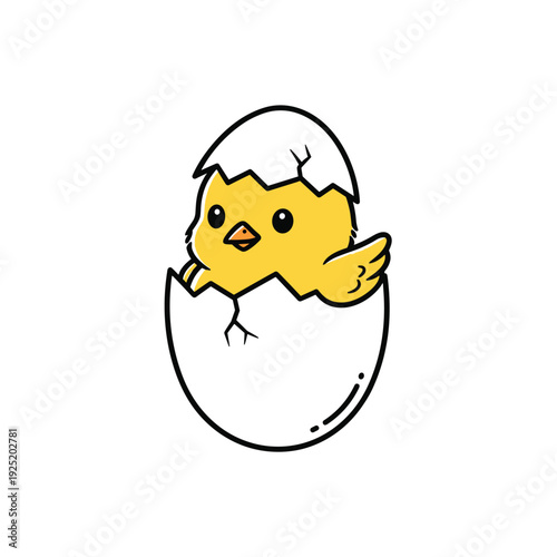 Cute yellow chick hatching from cracked eggshell illustration for Easter cards and nursery decor