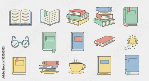 Colorful book and reading icons with glasses cup of coffee and sunny weather on white background