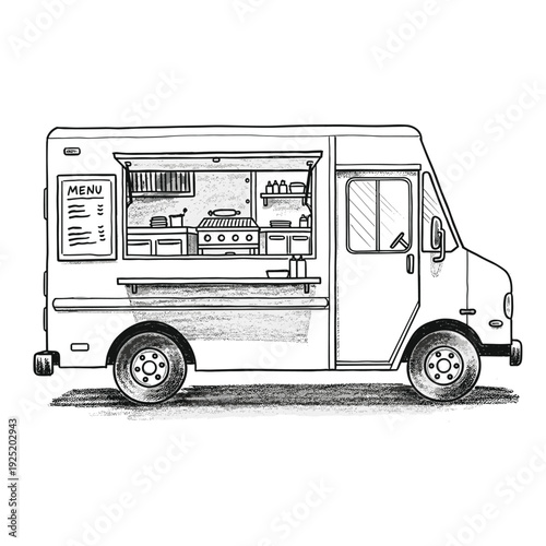 Hand-drawn sketch of a food truck with an open serving window and menu board