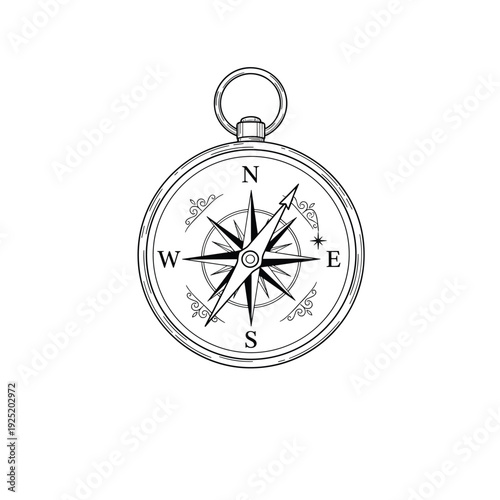 Vintage pocket compass line drawing with ornate compass rose and directional needle illustration