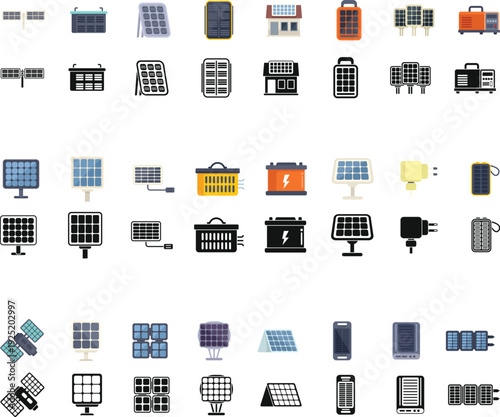 Comprehensive collection of solar energy icons in flat color and black line styles, featuring satellite panels, portable power banks, residential solar, and industrial energy systems.
