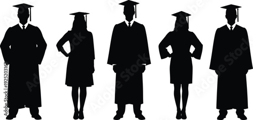 Silhouette of five graduates in academic caps and gowns standing in a row against a white background Vector