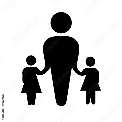 A simple black silhouette depicts a parent with two children holding hands