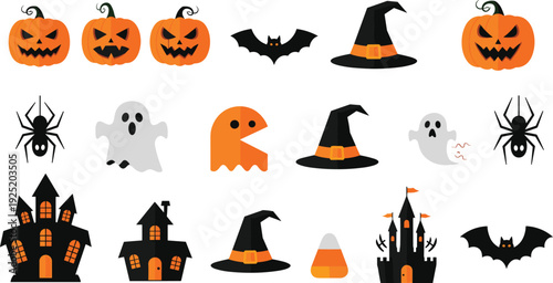 Spooky Halloween flat icon set with jack o lantern pumpkins ghosts bats spiders haunted houses witch hats and candy corn, cad drawing flat vector illustration.