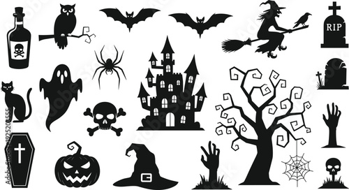 Spooky Halloween silhouettes set with haunted castle, witch, ghosts, bats, pumpkins, skulls, cemetery, and zombie hands, cad drawing flat vector illustration.