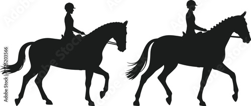 Silhouette of female equestrian riding horse, dressage rider on horseback isolated on white background for sport design illustration