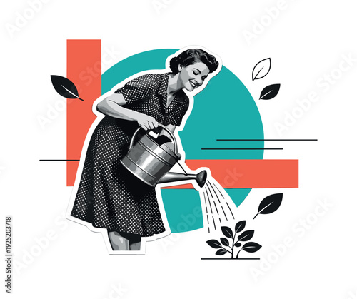 Retro Lady Watering Plants. Modern graphic collage of a black and white retro lady watering plants with a