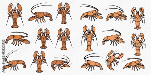 Set of cartoon lobsters and crayfish in various poses on a transparent background.