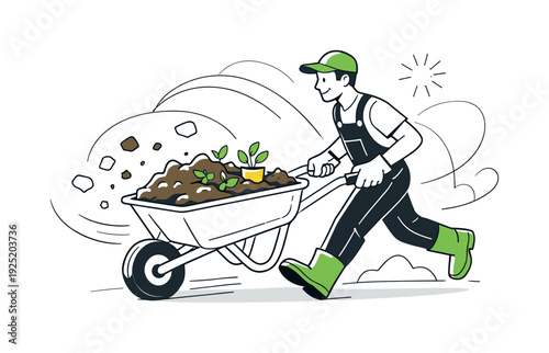 Garden landscaping project. A wheelbarrow filled with fresh soil and small plants, a person pushing it forward