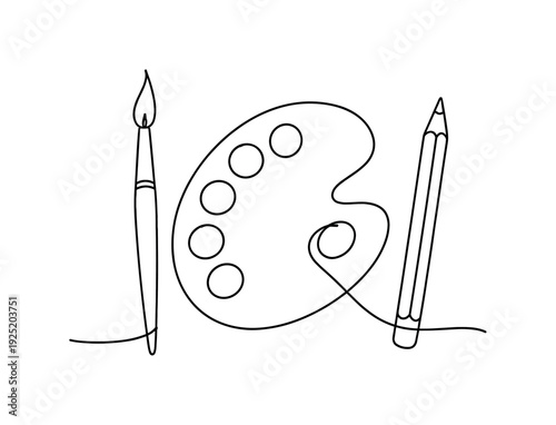 Minimalist Art Supplies. "Art Supplies". Minimalistic one-line drawing simple arrangement of paintbrush,