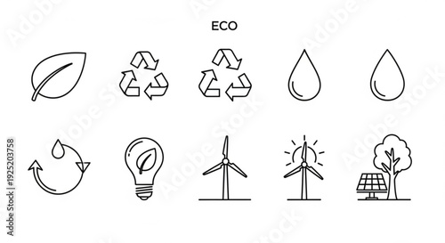 Eco friendly icons set including leaf recycling water drop wind turbine light bulb and solar panel on white background for sustainable energy and environment concepts