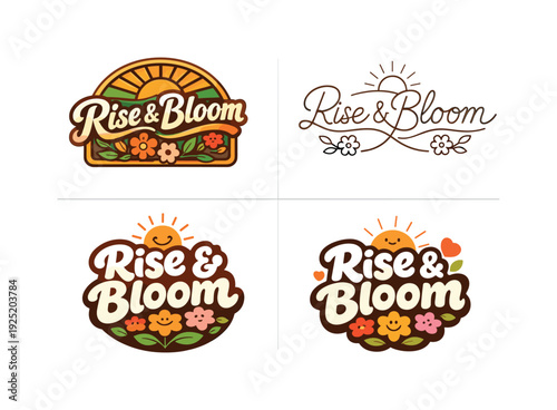 Rise and Bloom. Set lettering. 4 harmonious lettering variations of the same emblematic concept, each with