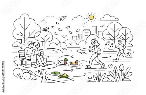 Blooming Urban Green Space. A tranquil park scene with a pond reflecting simple geometric trees, ducks gliding