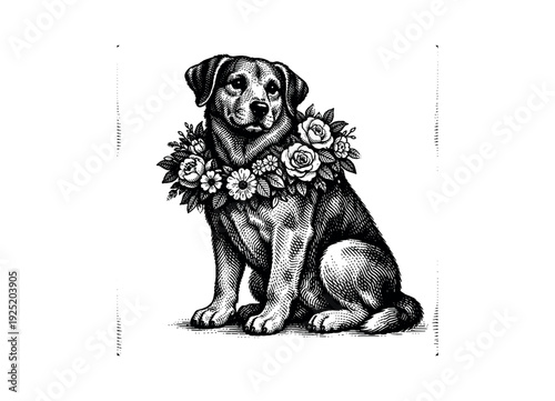 A seated dog with a loosely arranged floral wreath resting across its shoulders, composition slightly cropped