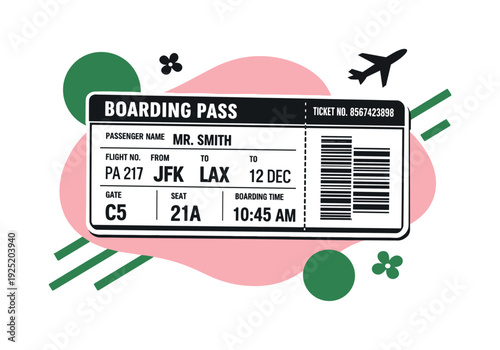Retro Boarding Pass Collage. Modern poster-style graphic collage of a black and white retro boarding pass