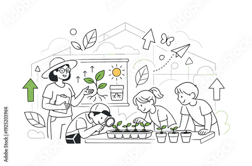 Eco education workshop. A teacher explaining plant growth inside a bright greenhouse, students observing