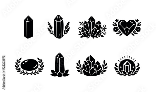 Boho rose quartz outline icons. Filled icon set of Boho rose quartz outline icons: minimalist rose quartz