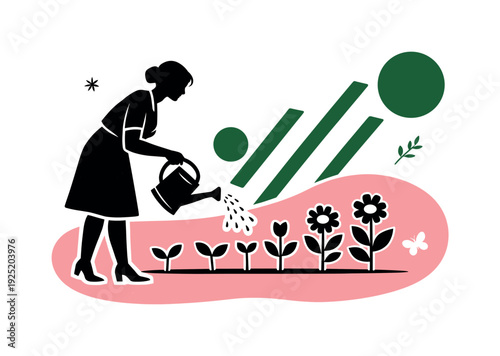 Modern poster-style graphic collage of a black and white silhouette of a lady watering a row of stylized