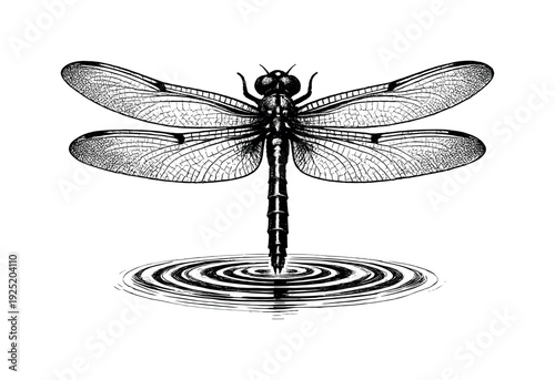 Close-up of a dragonfly with transparent wings spread wide, a subtle circular ripple line beneath indicating