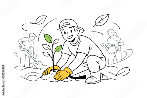 Eco volunteer activity. A smiling volunteer wearing bright garden gloves while planting a young tree,
