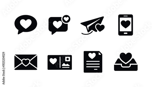 Romantic Messages. Filled icon set of Romantic Messages: heart chat bubble, message notification heart, paper