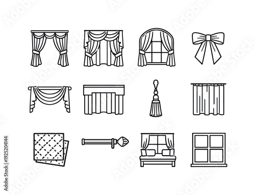 Interior Drapery Decor. Line outline icon set of Interior Drapery Decor: elegant curtains, layered drapes,