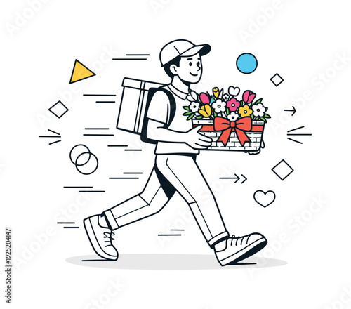 Flower Delivery in Style. Flower shop delivery concept. A courier holding a neat basket with flowers tied with