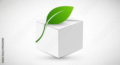 A white cube with a green leaf on top symbolizing eco friendly and sustainable concepts in a minimalist style