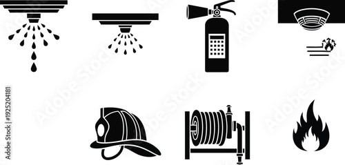 Fire extinguisher and flame icons set: safety symbols and emergency signs