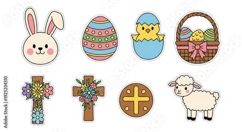 Easter icons set including bunny eggs chick basket cross lamb and hot cross bun on white background