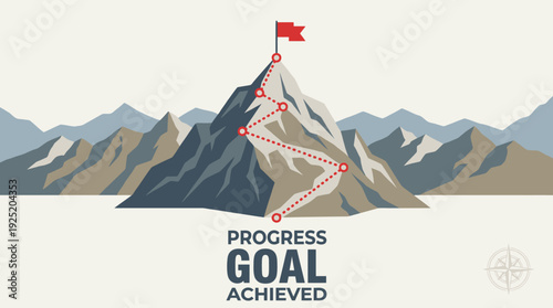 Mountain Climbing Route with Red Flag Vector Illustration