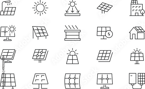 Solar panel outline icon set. Sun power photovoltaic PV home system and renewable electric energy technology editable stroke line signs house, cell, battery, vehicle