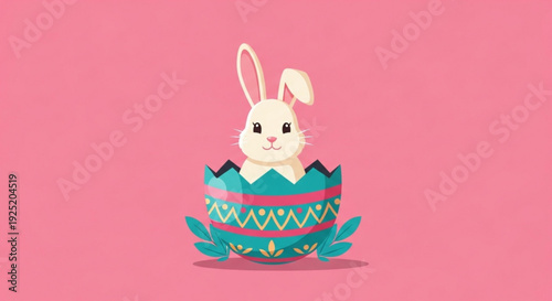 Easter bunny sitting in decorated egg on pink background spring holiday symbol