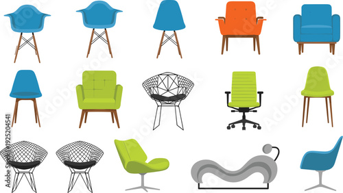 Collection of diverse chair designs isolated on white background, modern and traditional furniture styles with wood, metal, cushioned seats for interior decoration and design concepts