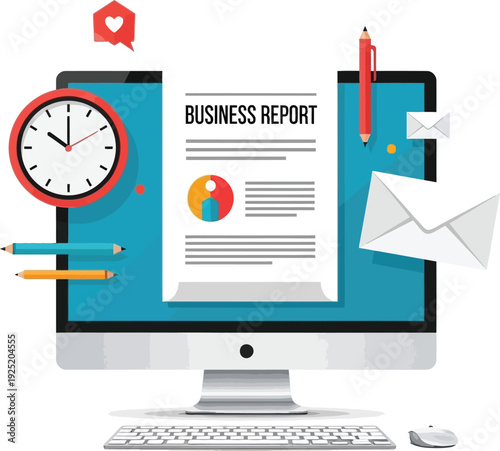 Business report on computer monitor with clock and office supplies flat vector illustration. Time management and communication concept vector illustration.