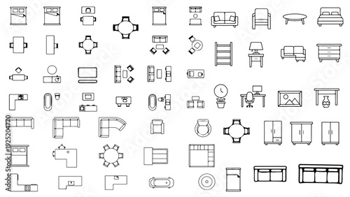 Comprehensive interior layout plan showcasing modern furniture icons including sofas, chairs, tables, cabinets, and bedroom essentials in outline style.