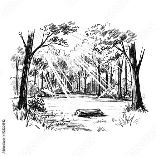 Sunlight streams through a forest clearing with a fallen log on the ground