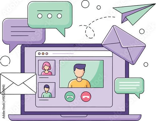 Online communication and video conferencing concept illustration with laptop, chat bubbles, and email icons. Modern flat line vector illustration.