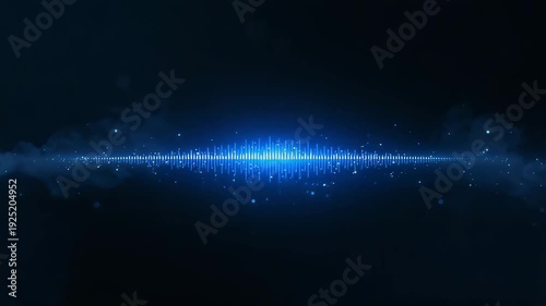 Horizontal blue light flare with floating particles forming abstract cosmic energy line on dark background
