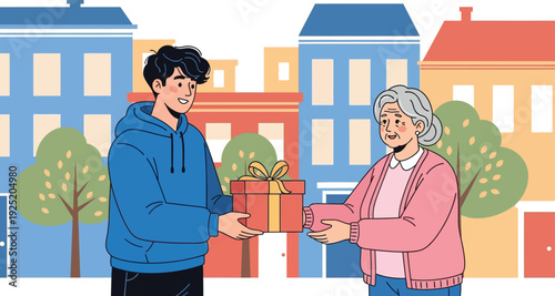 Intergenerational kindness and care concept: young man giving gift to elderly woman in city street flat vector illustration.