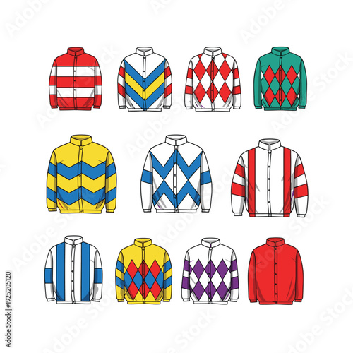 Collection of colorful jockey silks with various patterns and designs